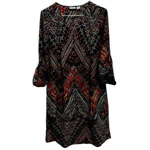 Cato Loose Fit V-Neck Knee Length Button Up Print Tunic