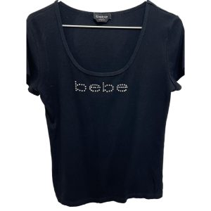 bebe Beaded Logo Scoop Neck Short Sleeve Top